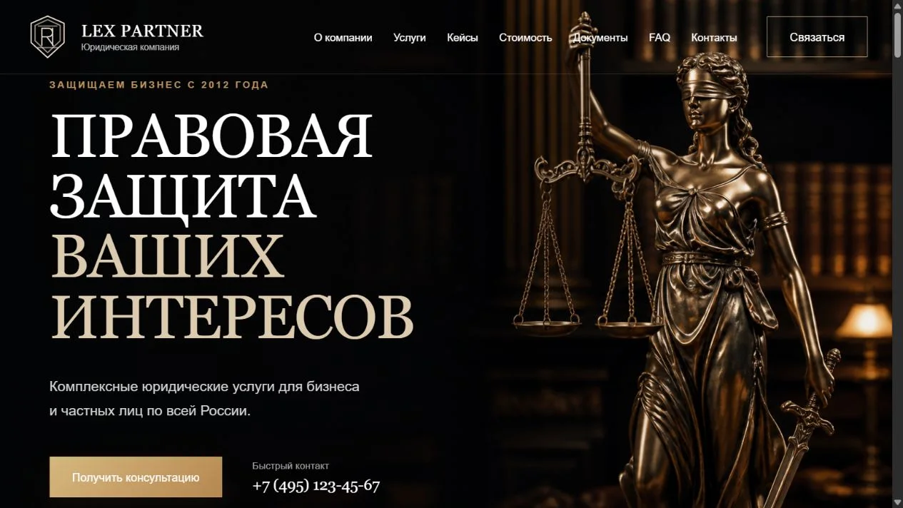 Главный экран сайта юридической компании Lex Partner